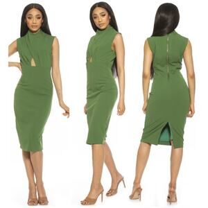 NWT Alexia Admor Elouise Sleeveless Mock Neck Midi Sheath Dress Sage Women's M